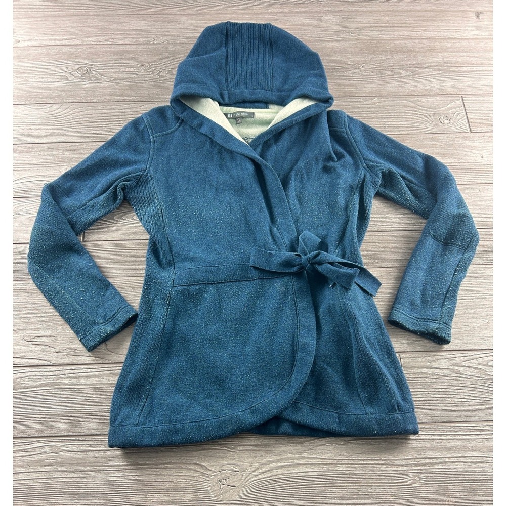 Title Nine Merino Wool Blend Hooded Wrap Sweater Teal Blue Womens Small Tie